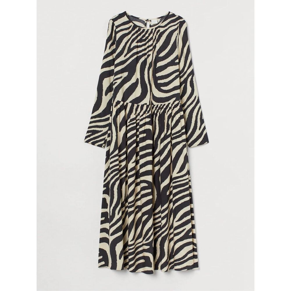 H&M Black White Zebra Print Pleated Long Sleeve Midi Dress Size Small